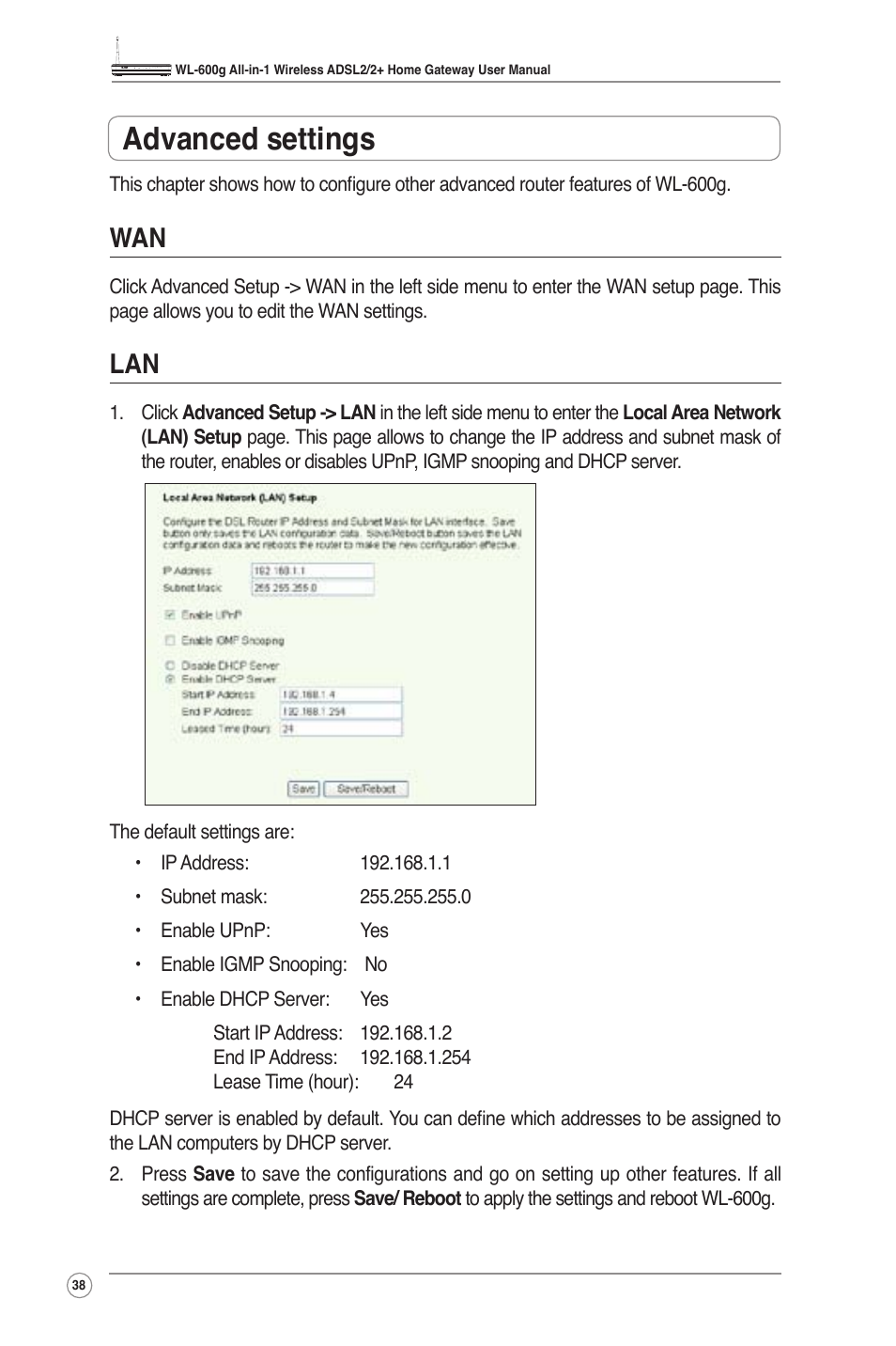 Advanced settings, Wan lan | Asus WL-600g User Manual | Page 40 / 57