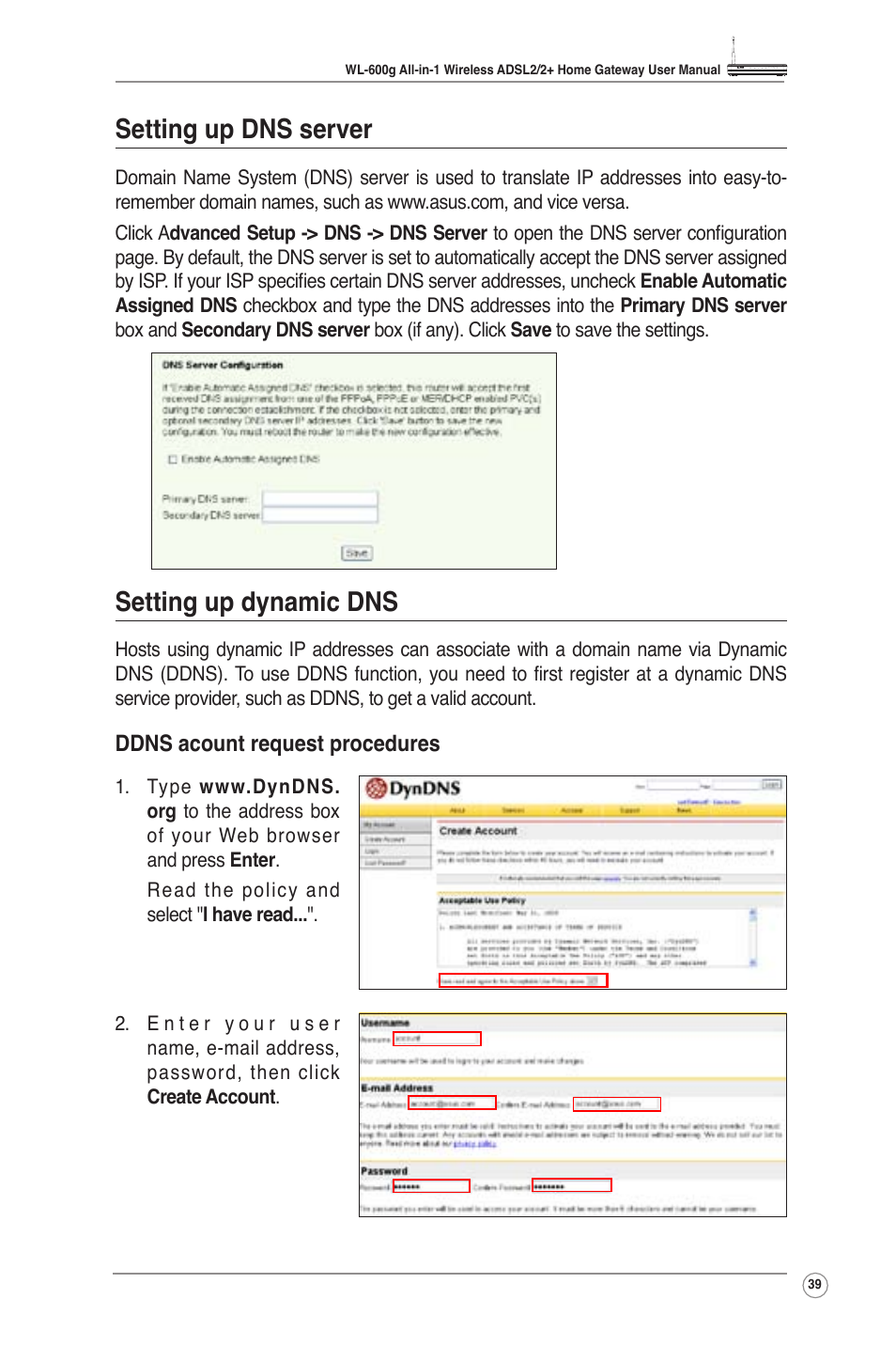 Setting up dns server setting up dynamic dns, Setting up dns server, Setting up dynamic dns | Asus WL-600g User Manual | Page 41 / 57