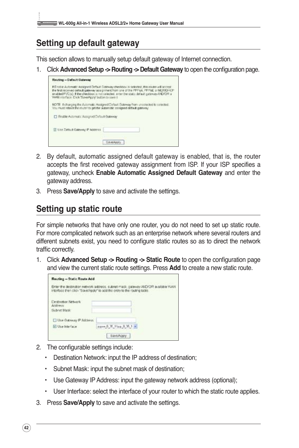 Setting up default gateway setting up static route, Setting up default gateway, Setting up static route | Asus WL-600g User Manual | Page 44 / 57