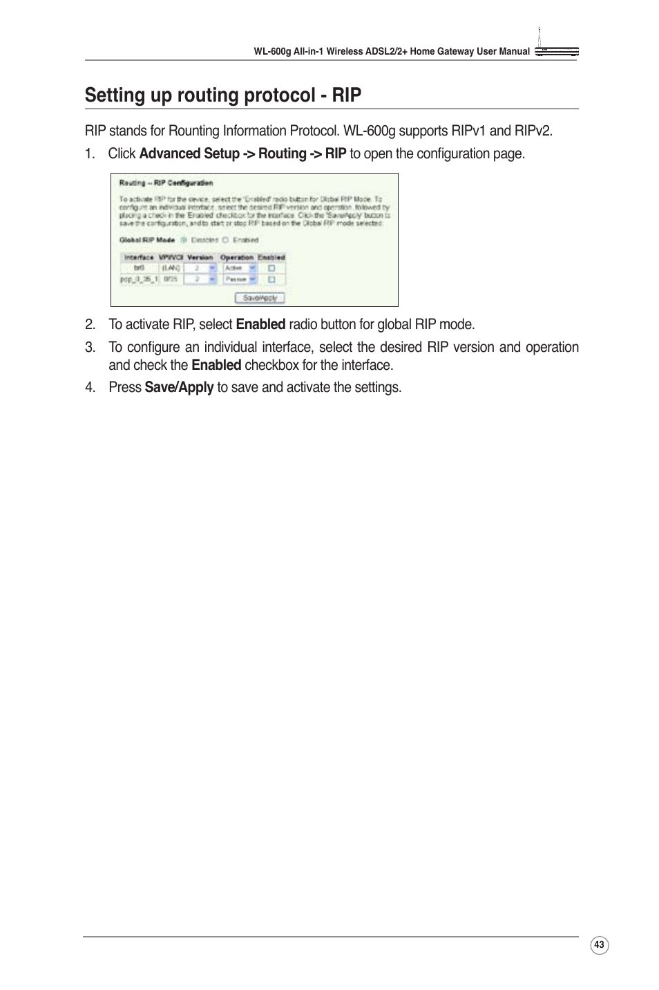 Setting up routing protocol - rip | Asus WL-600g User Manual | Page 45 / 57