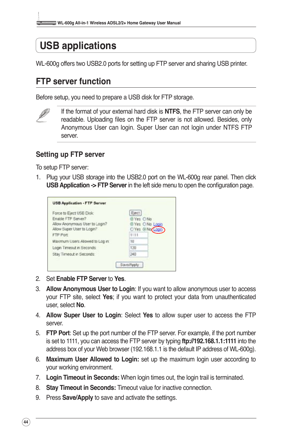 Usb applications, Ftp server function | Asus WL-600g User Manual | Page 46 / 57