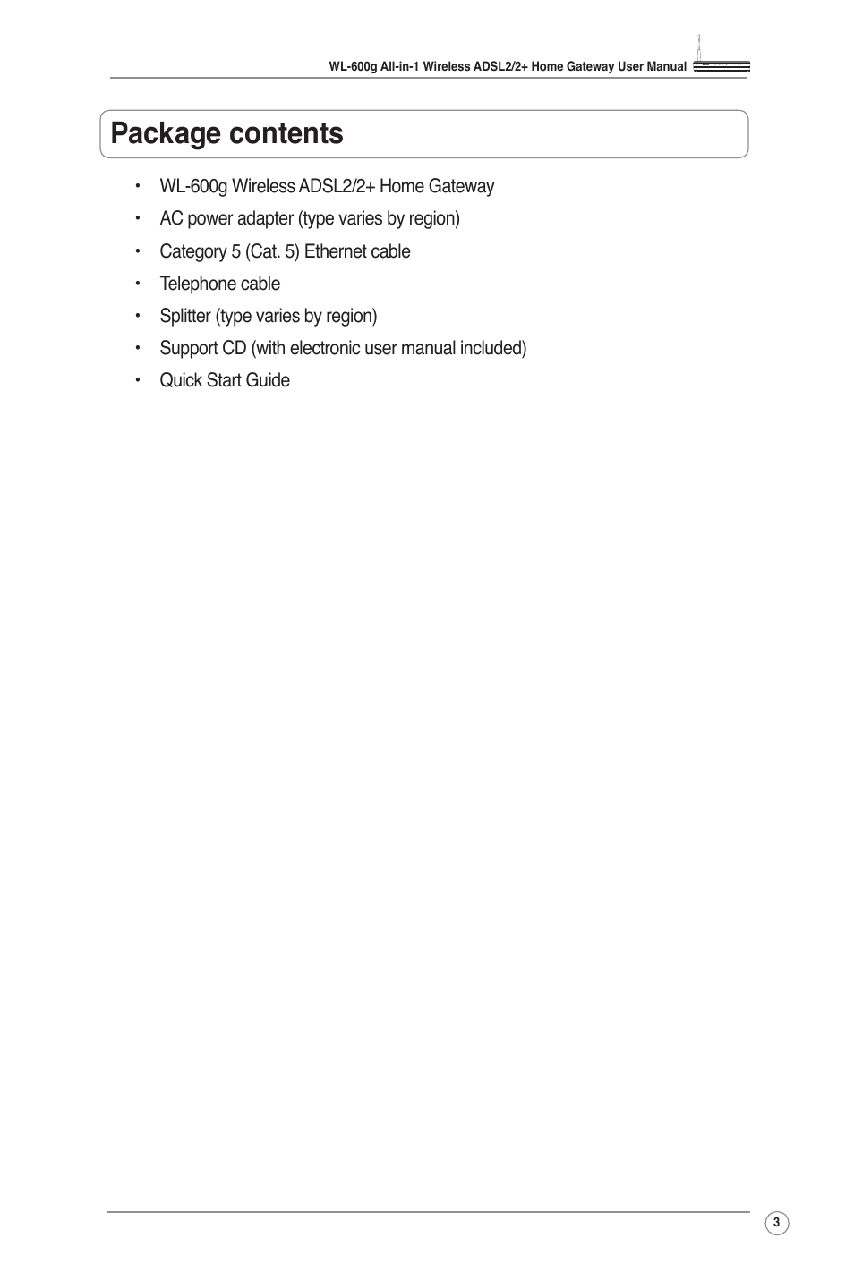 Package contents | Asus WL-600g User Manual | Page 5 / 57