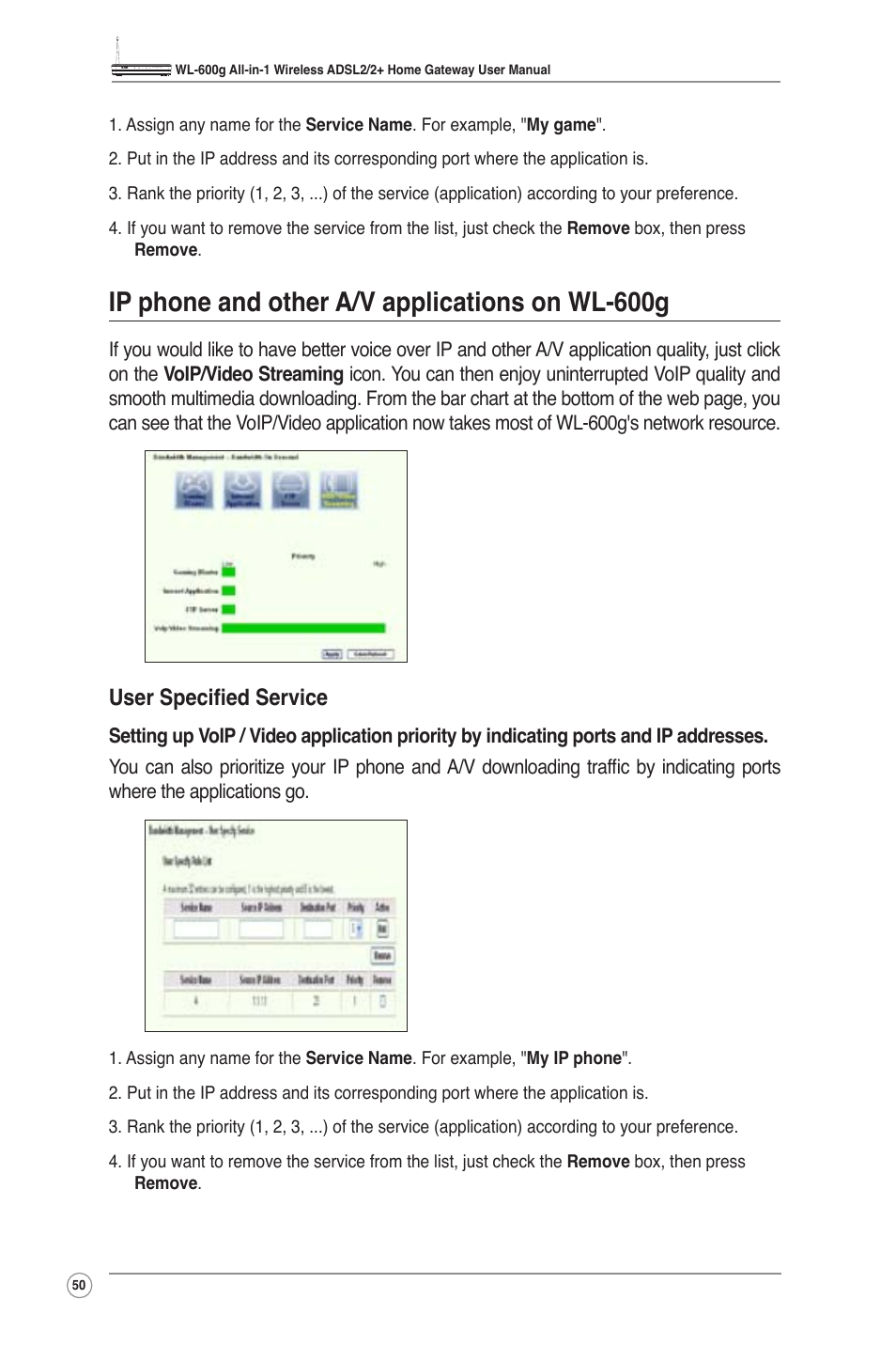 Ip phone and other a/v applications on wl-600g, User specified service | Asus WL-600g User Manual | Page 52 / 57