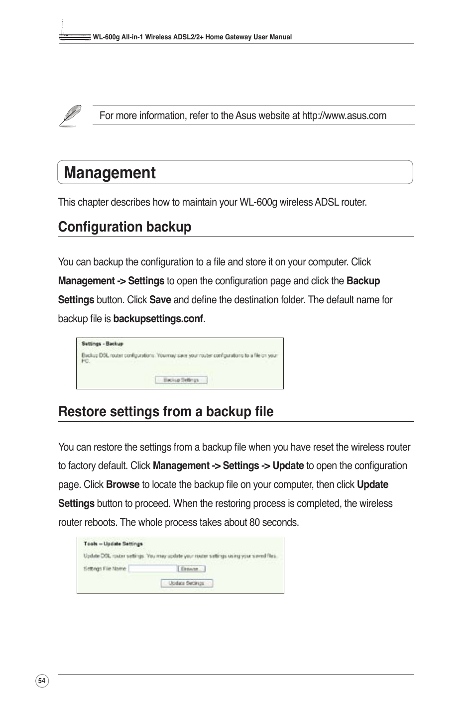 Management, Configuration backup, Restore settings from a backup file | Asus WL-600g User Manual | Page 56 / 57