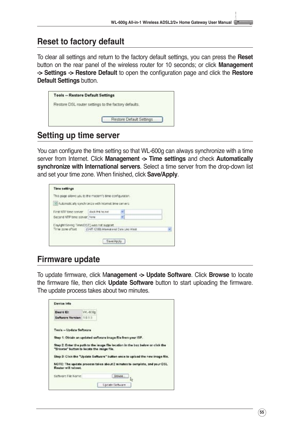 Blaster, A/v apps, Management | Configuration backup, Restore settings from a backup file, Reset to factory default, Setting up time server, Firmware update | Asus WL-600g User Manual | Page 57 / 57