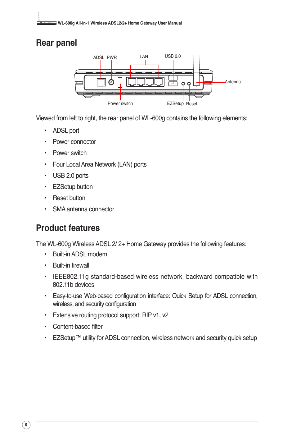 Rear panel product features, Rear panel, Product features | Asus WL-600g User Manual | Page 8 / 57