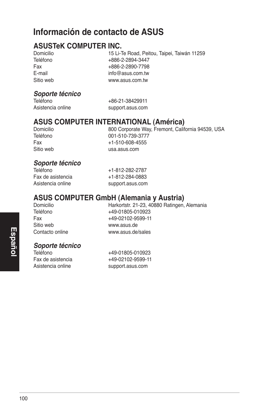 Informacióndecontactodeasus, Español, Asustekcomputerinc | Asuscomputerinternational(américa), Asuscomputergmbh(alemaniayaustria), Soportetécnico | Asus ES5100 User Manual | Page 100 / 161