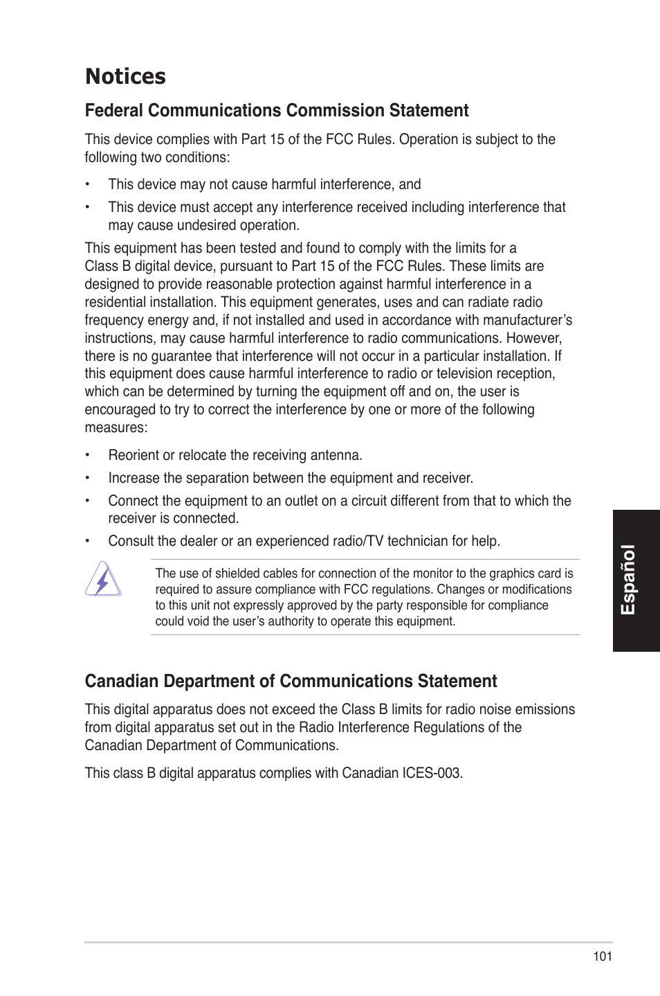 Notices, Español, Federalcommunicationscommissionstatement | Canadiandepartmentofcommunicationsstatement | Asus ES5100 User Manual | Page 101 / 161