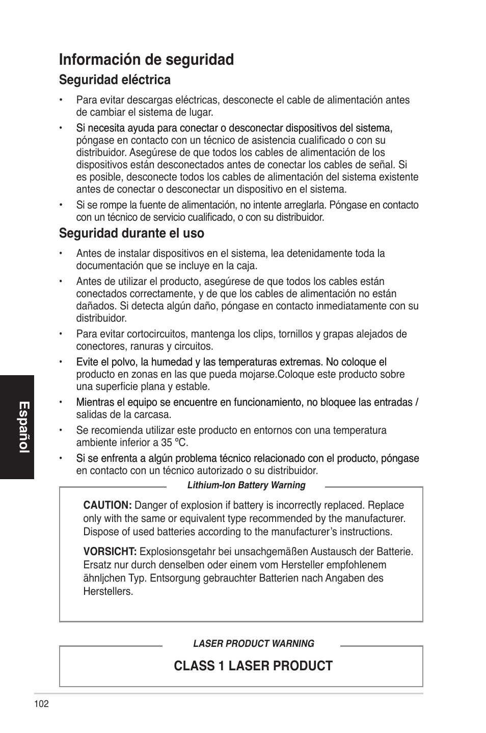 Informacióndeseguridad, Español seguridadeléctrica, Seguridadduranteeluso | Class1laserproduct | Asus ES5100 User Manual | Page 102 / 161