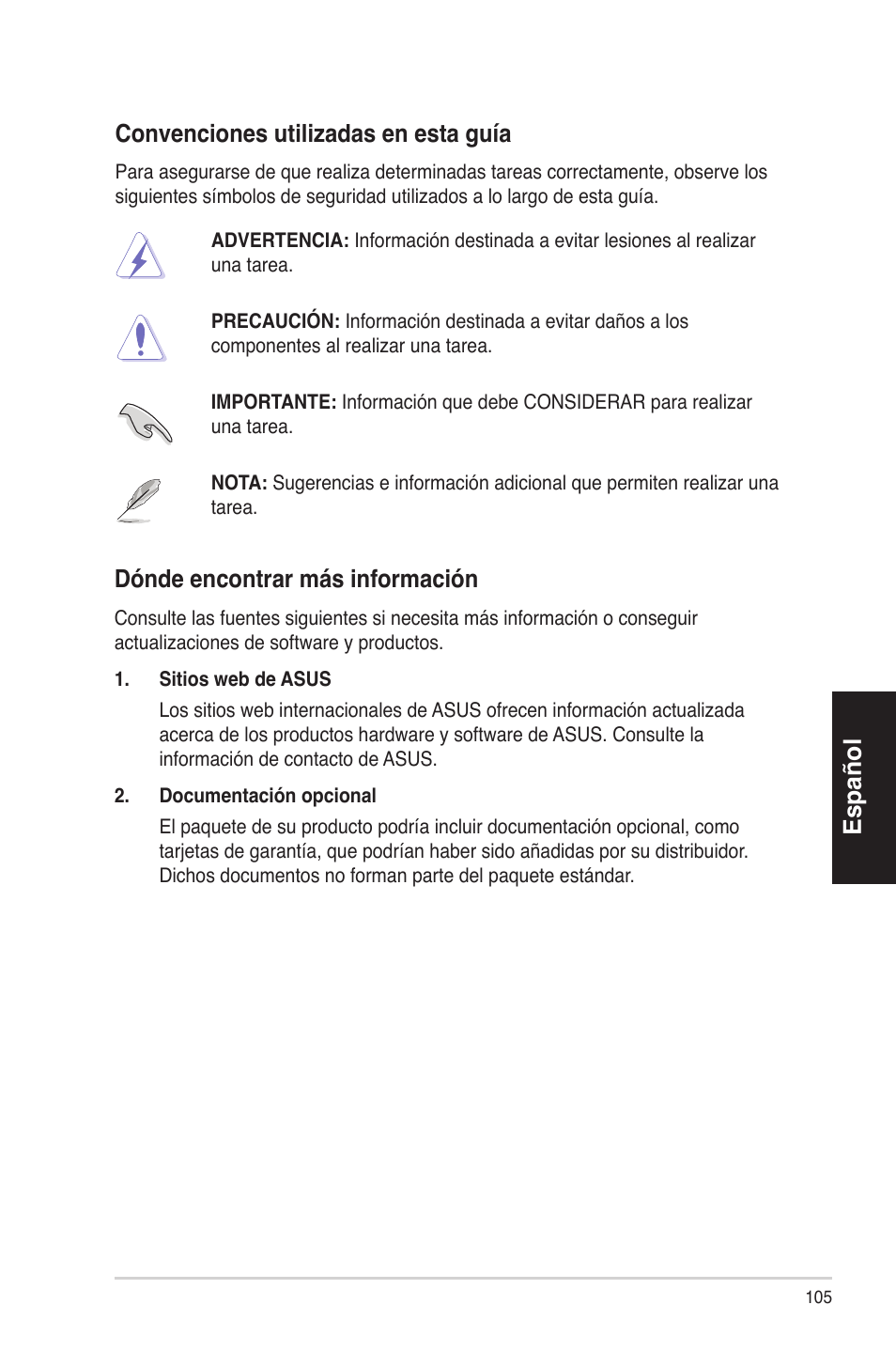 Español convencionesutilizadasenestaguía, Dóndeencontrarmásinformación | Asus ES5100 User Manual | Page 105 / 161