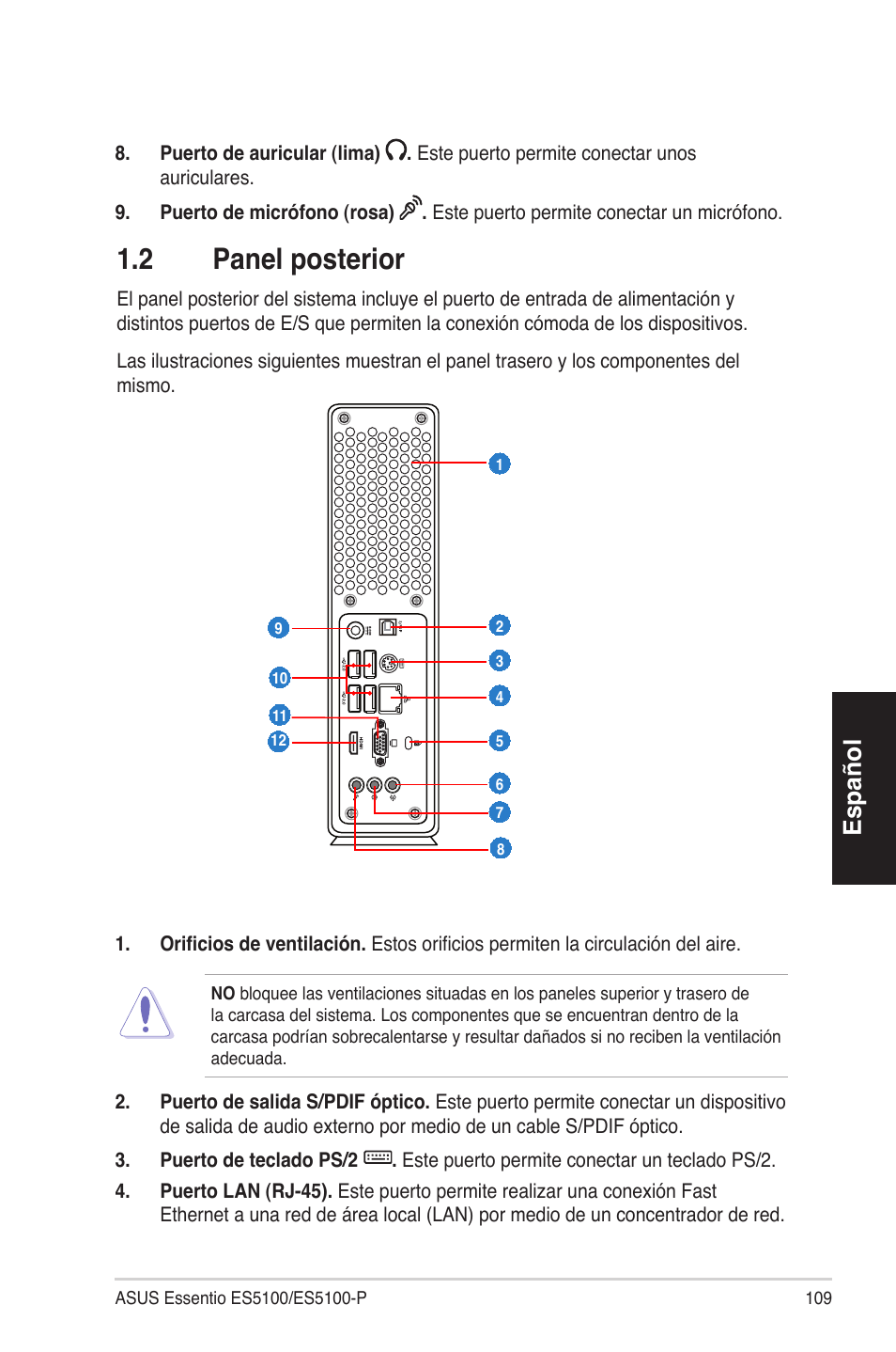 1�2 panelposterior, Español | Asus ES5100 User Manual | Page 109 / 161