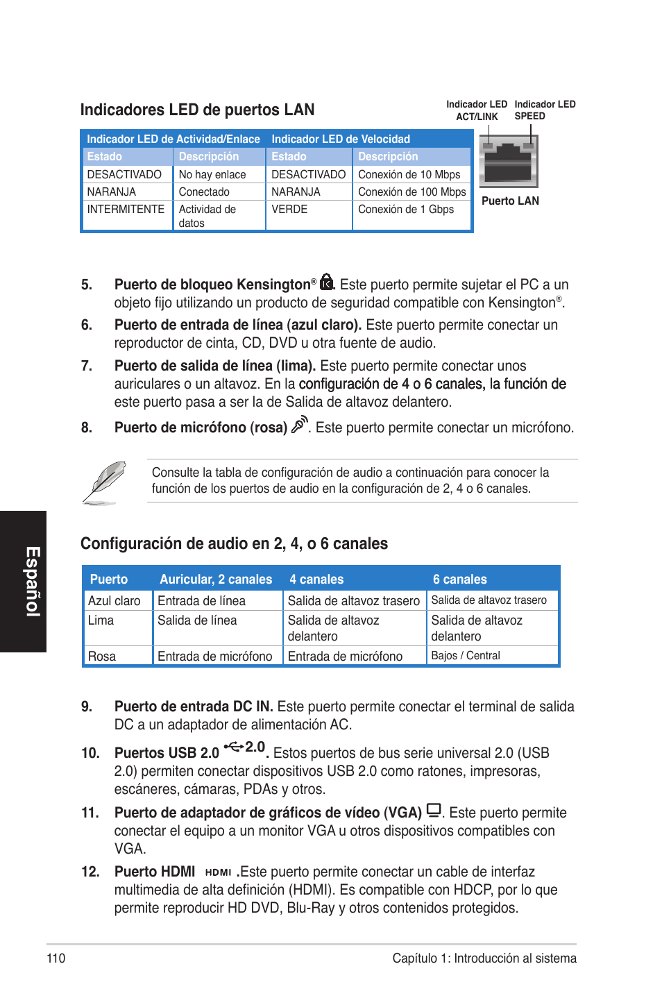 Español, Configuración de audio en 2, 4, o 6 canales, Indicadoresleddepuertoslan | Asus ES5100 User Manual | Page 110 / 161