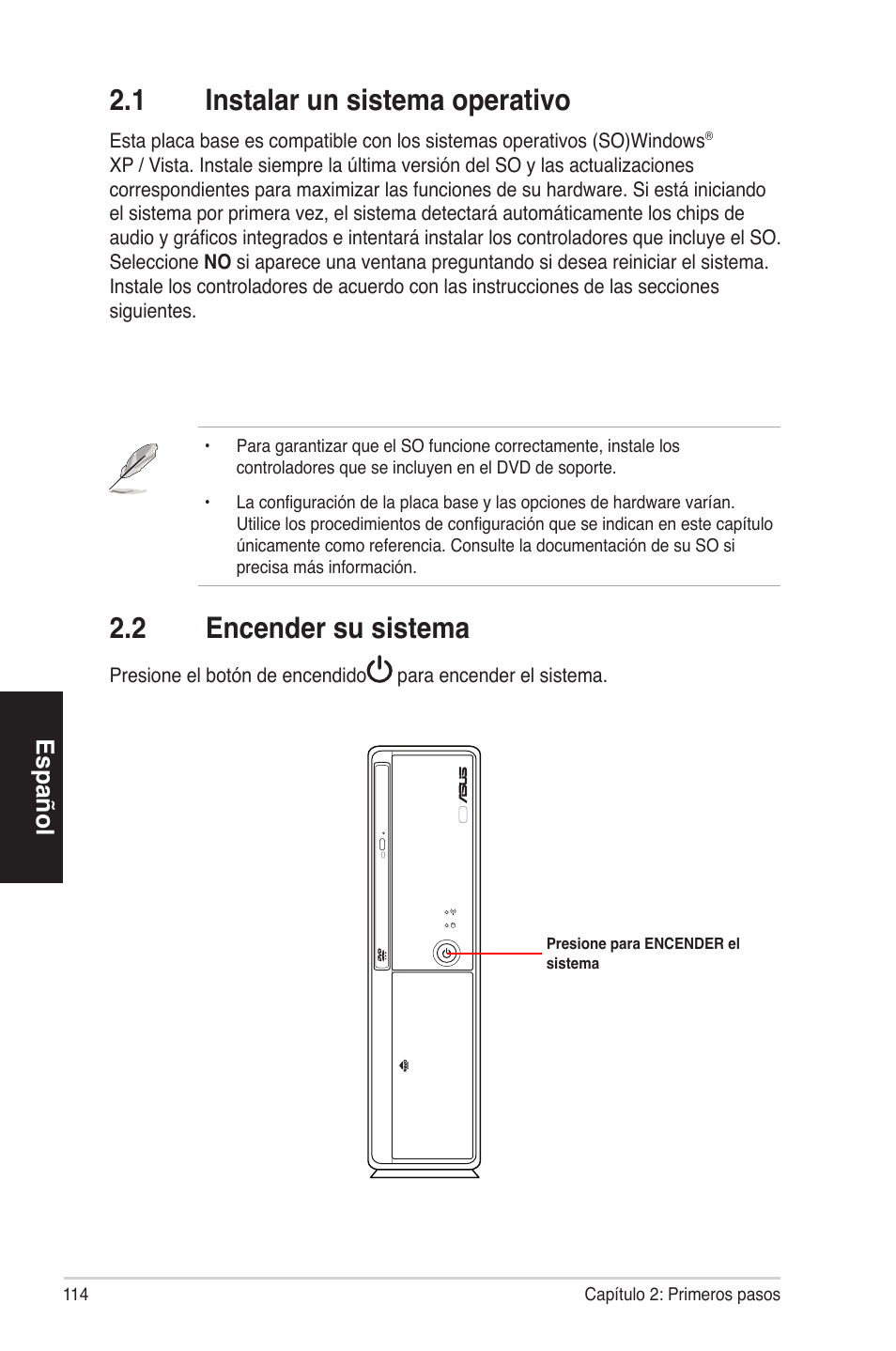 2�1 instalarunsistemaoperativo, 2�2 encendersusistema, Español | Asus ES5100 User Manual | Page 114 / 161