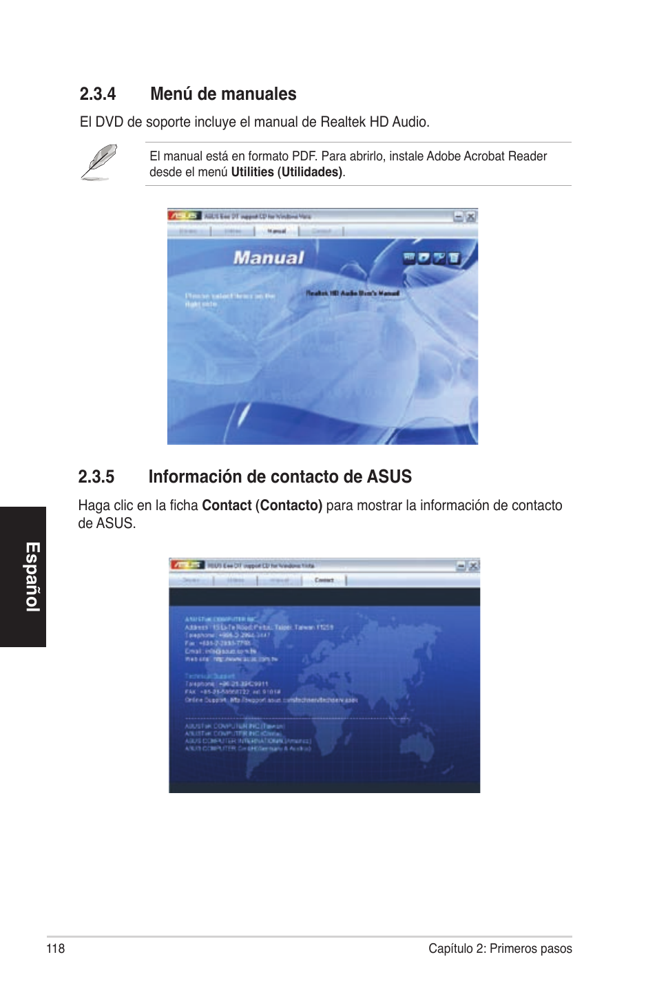 Español 2�3�4 menúdemanuales, 2�3�5 informacióndecontactodeasus | Asus ES5100 User Manual | Page 118 / 161