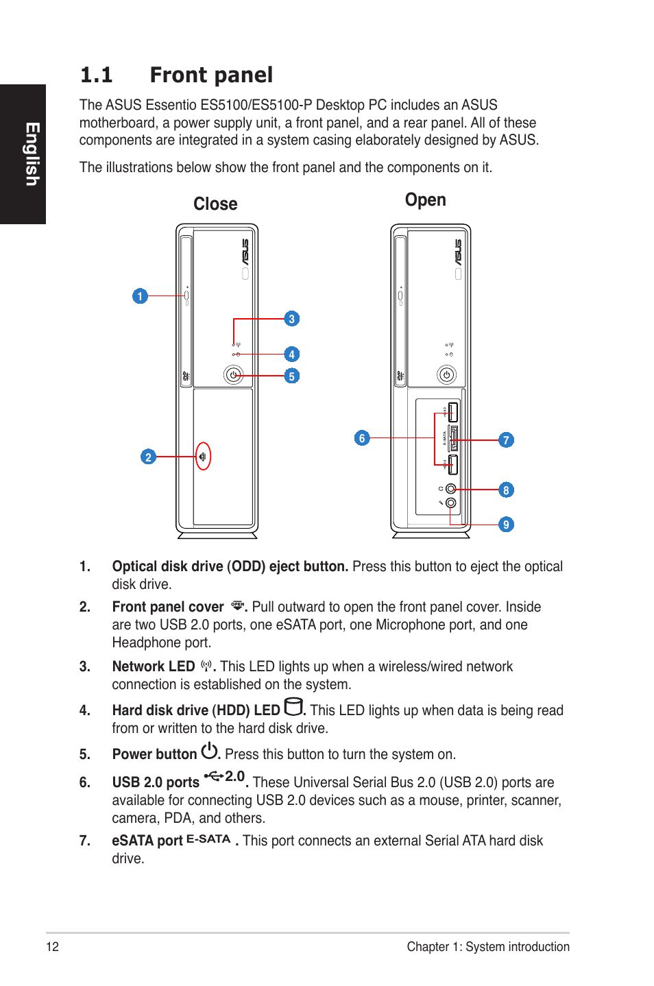 1 front panel, English, Close open | Asus ES5100 User Manual | Page 12 / 161