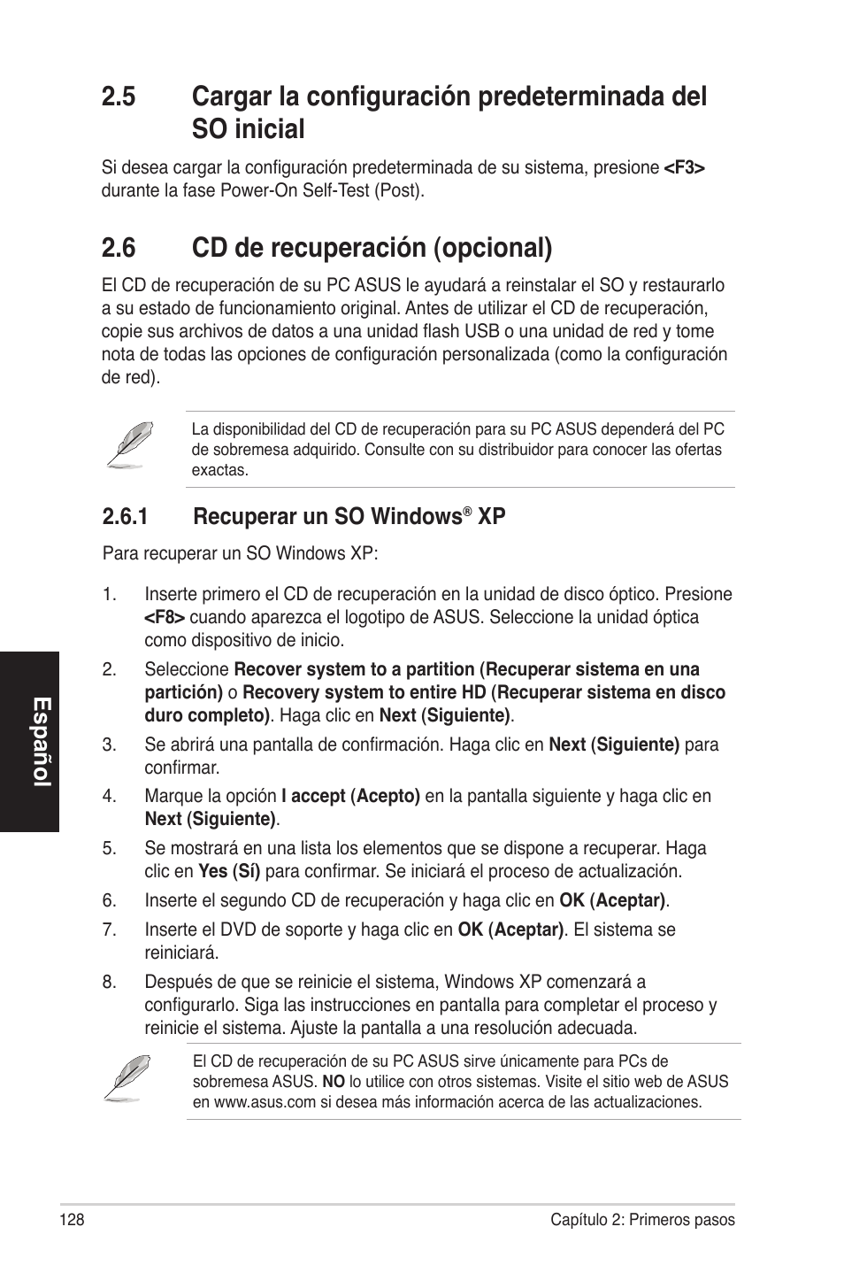 2�6 cdderecuperación(opcional), Español, 2�6�1 recuperarunsowindows | Asus ES5100 User Manual | Page 128 / 161