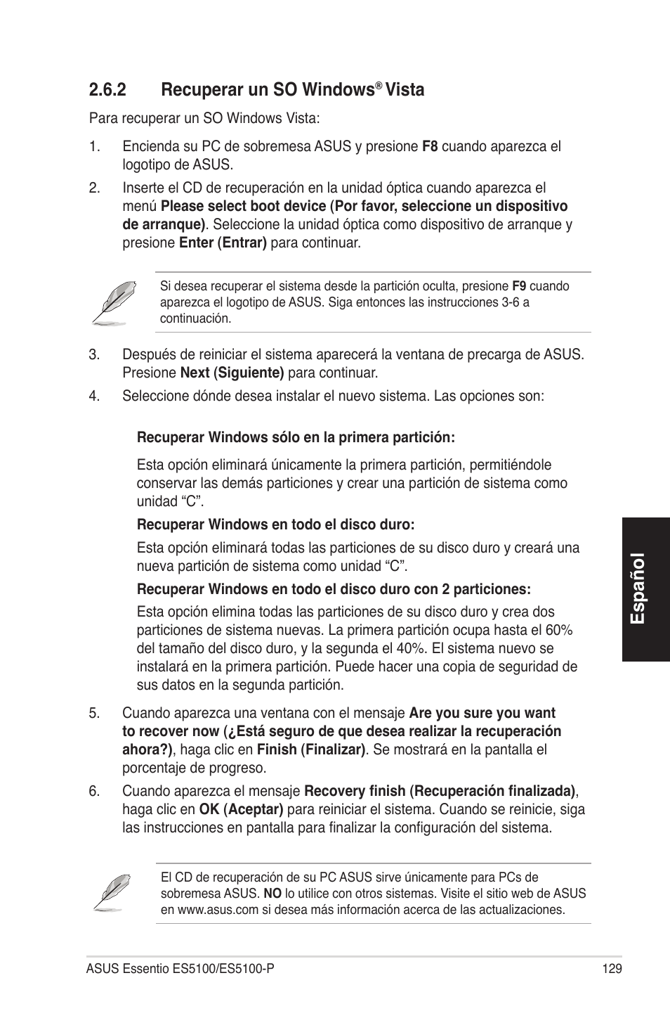 Español, 2�6�2 recuperarunsowindows, Vista | Asus ES5100 User Manual | Page 129 / 161