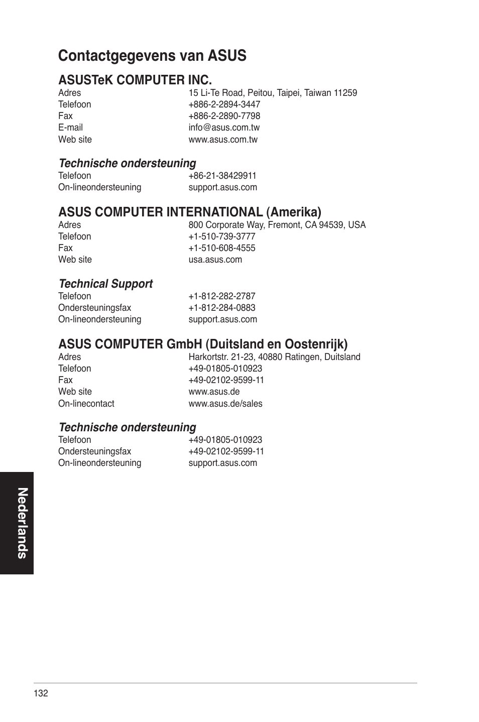 Contactgegevensvanasus, Nederlands, Asustekcomputerinc | Asuscomputerinternational(amerika), Asuscomputergmbh(duitslandenoostenrijk), Technischeondersteuning, Technicalsupport | Asus ES5100 User Manual | Page 132 / 161