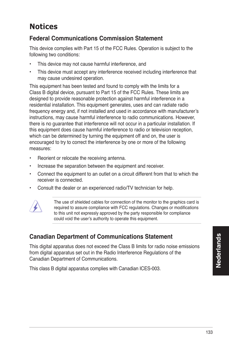 Notices, Nederlands, Federalcommunicationscommissionstatement | Canadiandepartmentofcommunicationsstatement | Asus ES5100 User Manual | Page 133 / 161