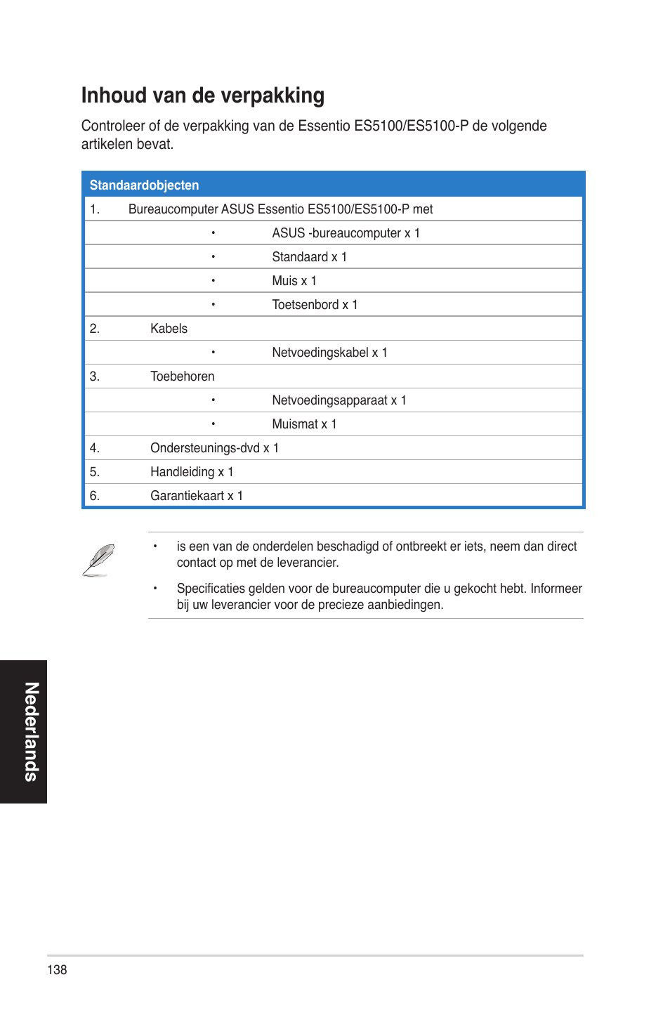 Inhoudvandeverpakking, Nederlands | Asus ES5100 User Manual | Page 138 / 161