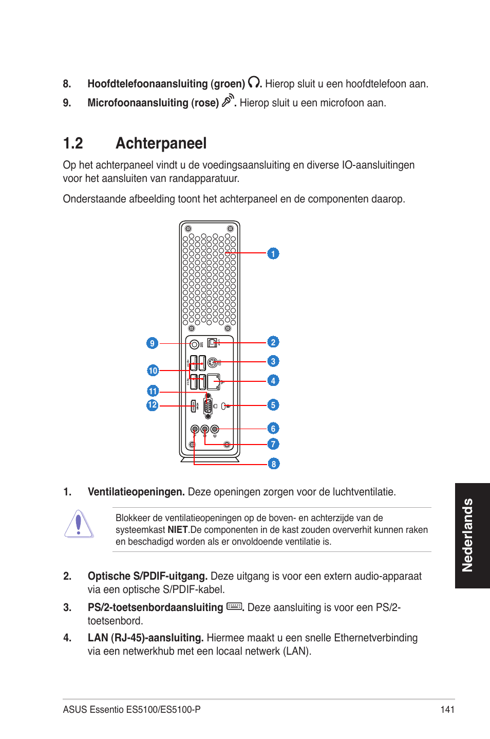 1�2 achterpaneel, Nederlands | Asus ES5100 User Manual | Page 141 / 161