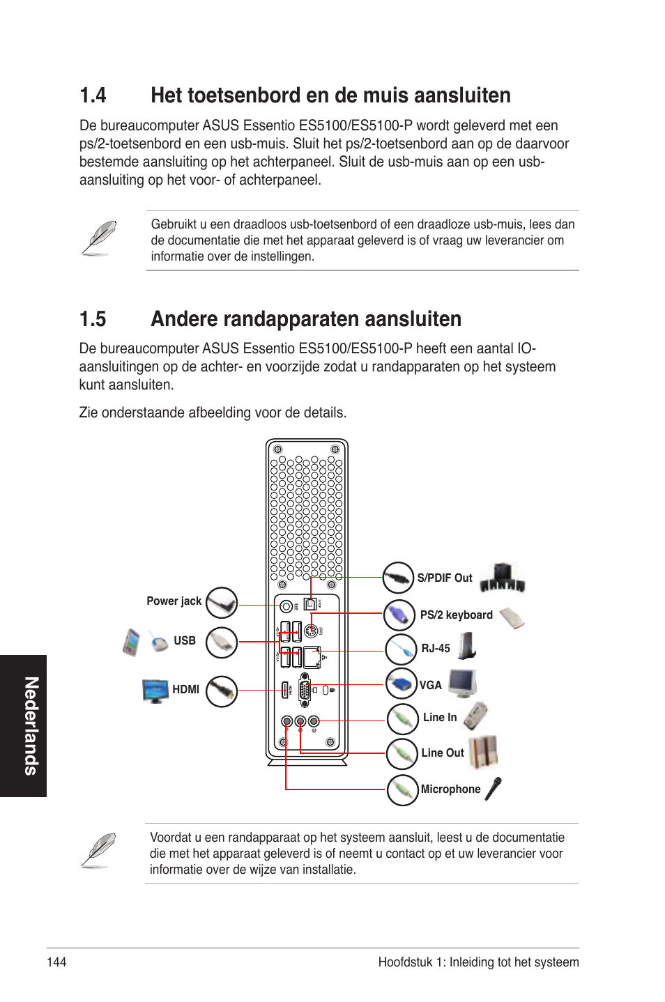 1�4 hettoetsenbordendemuisaansluiten, 1�5 andererandapparatenaansluiten, Nederlands | Asus ES5100 User Manual | Page 144 / 161