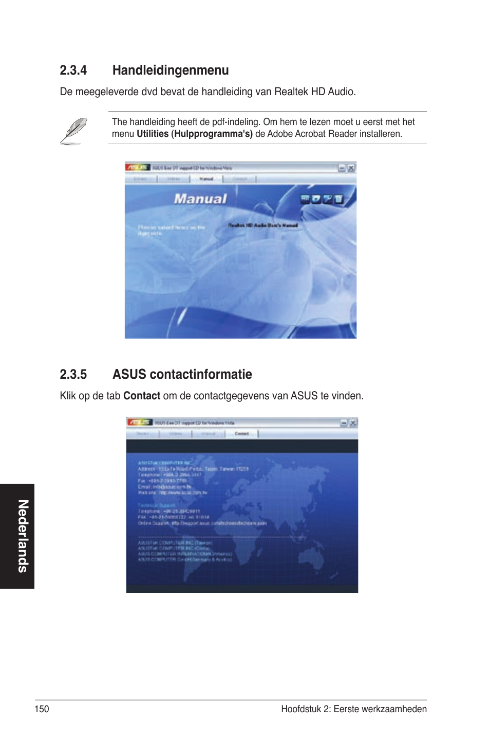 Nederlands 2�3�4 handleidingenmenu, 2�3�5 asuscontactinformatie | Asus ES5100 User Manual | Page 150 / 161
