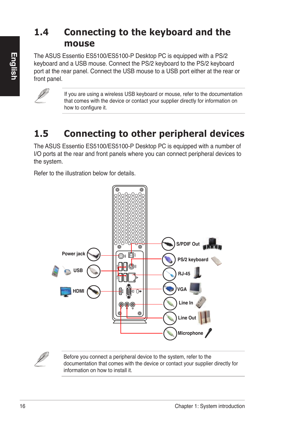 4 connecting to the keyboard and the mouse, 5 connecting to other peripheral devices, English | Asus ES5100 User Manual | Page 16 / 161