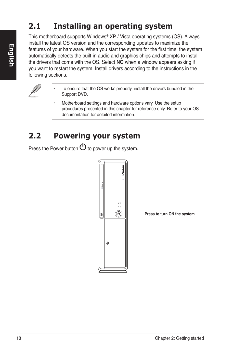 1 installing an operating system, 2 powering your system, English | Asus ES5100 User Manual | Page 18 / 161