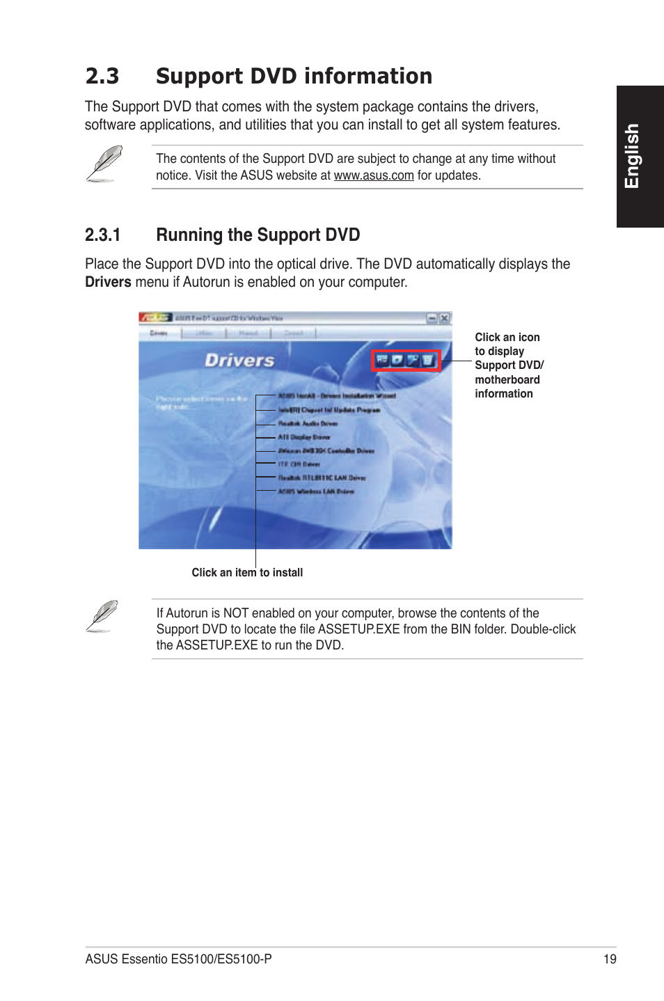 3 support dvd information, English, 2�3�1 runningthesupportdvd | Asus ES5100 User Manual | Page 19 / 161