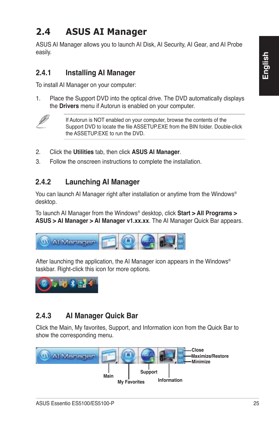 4 asus ai manager, English, 2�4�1 installingaimanager | 2�4�2 launchingaimanager, 2�4�3 aimanagerquickbar | Asus ES5100 User Manual | Page 25 / 161
