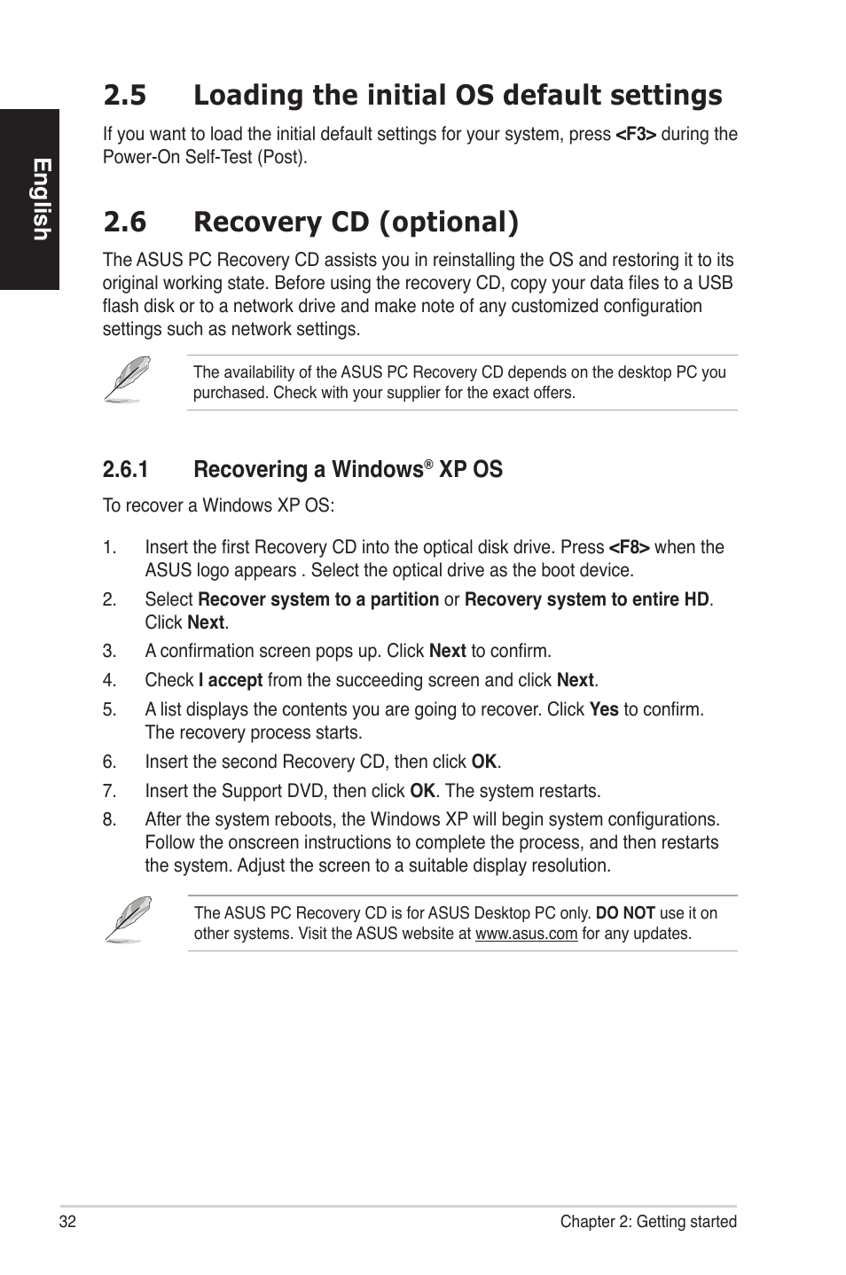 6 recovery cd (optional), 5 loading the initial os default settings, English | 2�6�1 recoveringawindows, Xpos | Asus ES5100 User Manual | Page 32 / 161