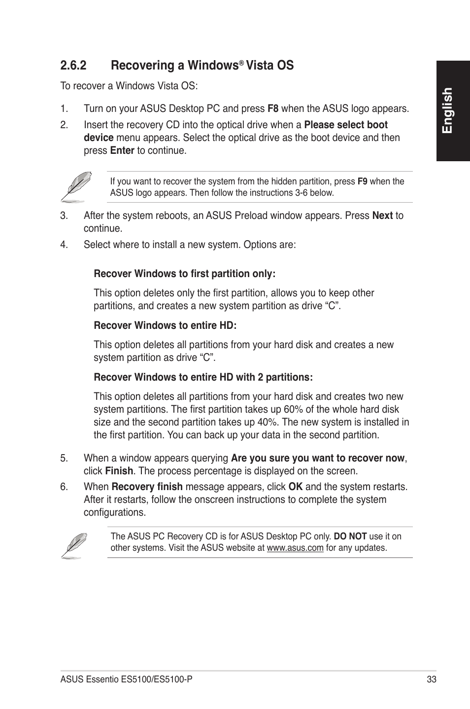 English, 2�6�2 recoveringawindows, Vistaos | Asus ES5100 User Manual | Page 33 / 161