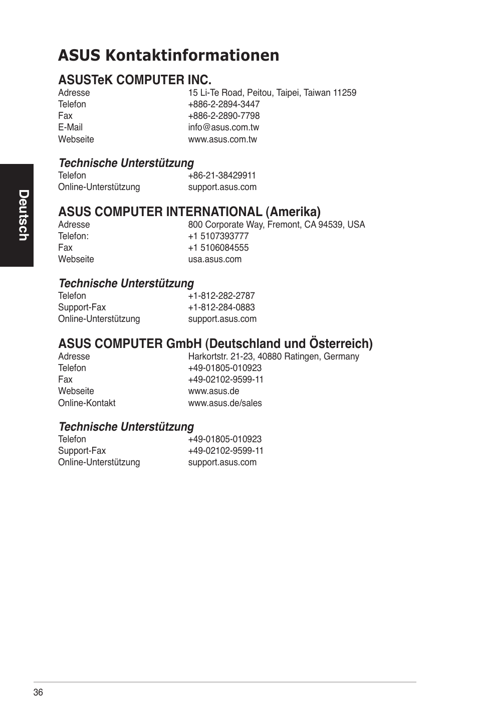 Asus kontaktinformationen, Deutsch, Asustekcomputerinc | Asuscomputerinternational(amerika), Asuscomputergmbh(deutschlandundösterreich), Technischeunterstützung | Asus ES5100 User Manual | Page 36 / 161