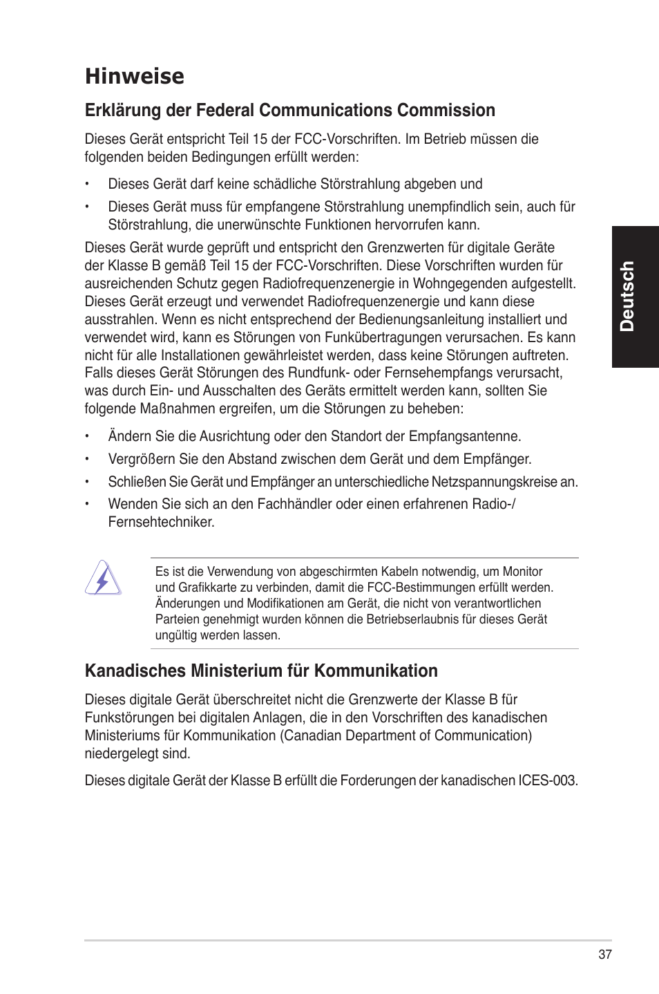 Hinweise, Deutsch, Erklärungderfederalcommunicationscommission | Kanadischesministeriumfürkommunikation | Asus ES5100 User Manual | Page 37 / 161