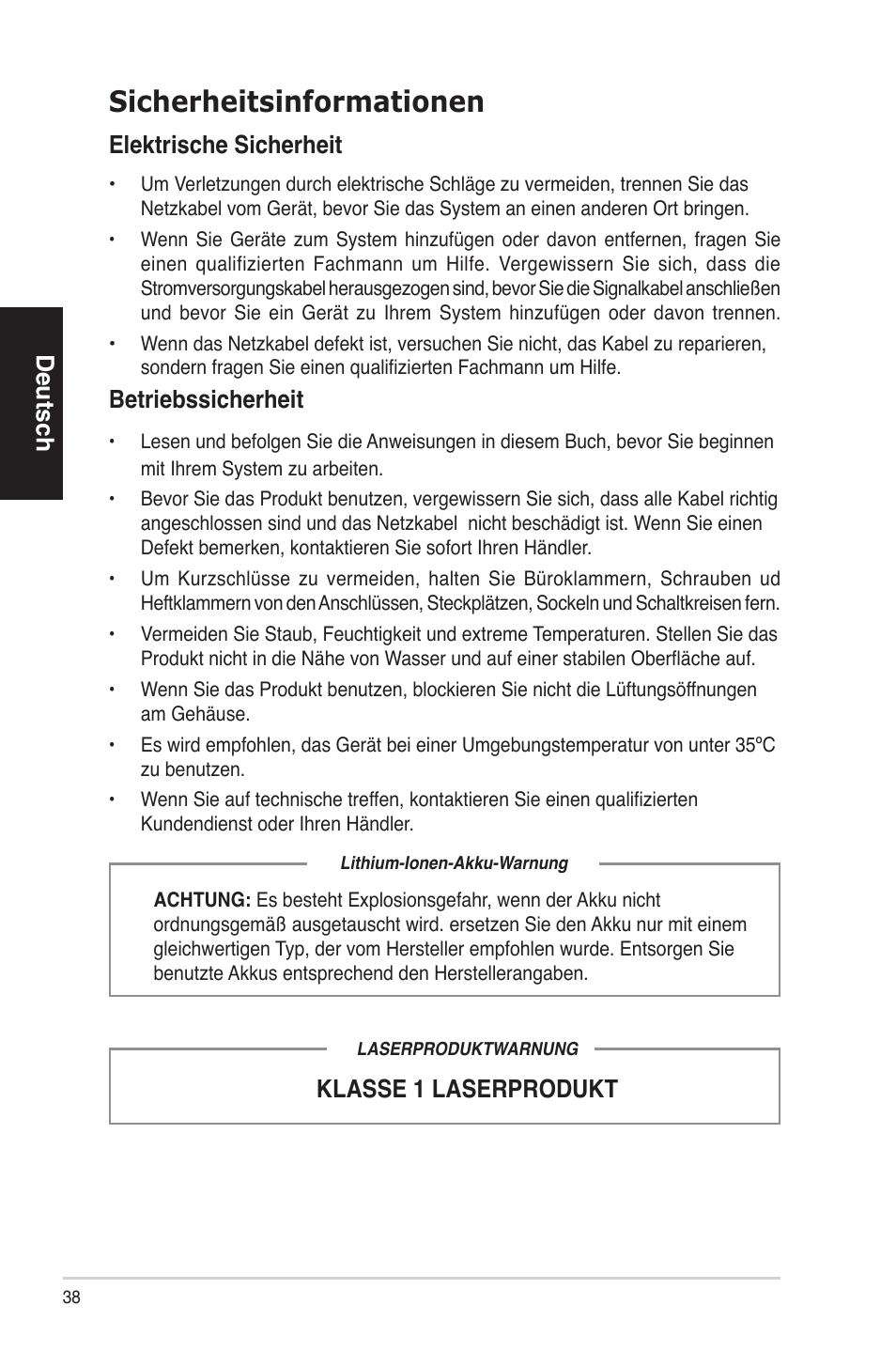 Sicherheitsinformationen, Deutsch, Elektrischesicherheit | Klasse1laserprodukt betriebssicherheit | Asus ES5100 User Manual | Page 38 / 161