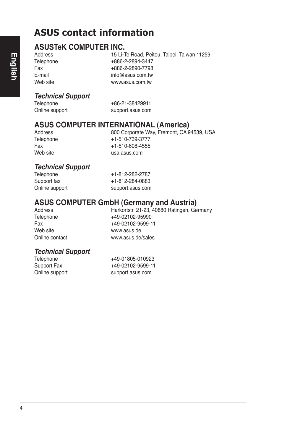 Asus contact information, English, Asustekcomputerinc | Asuscomputerinternational(america), Asuscomputergmbh(germanyandaustria), Technicalsupport | Asus ES5100 User Manual | Page 4 / 161