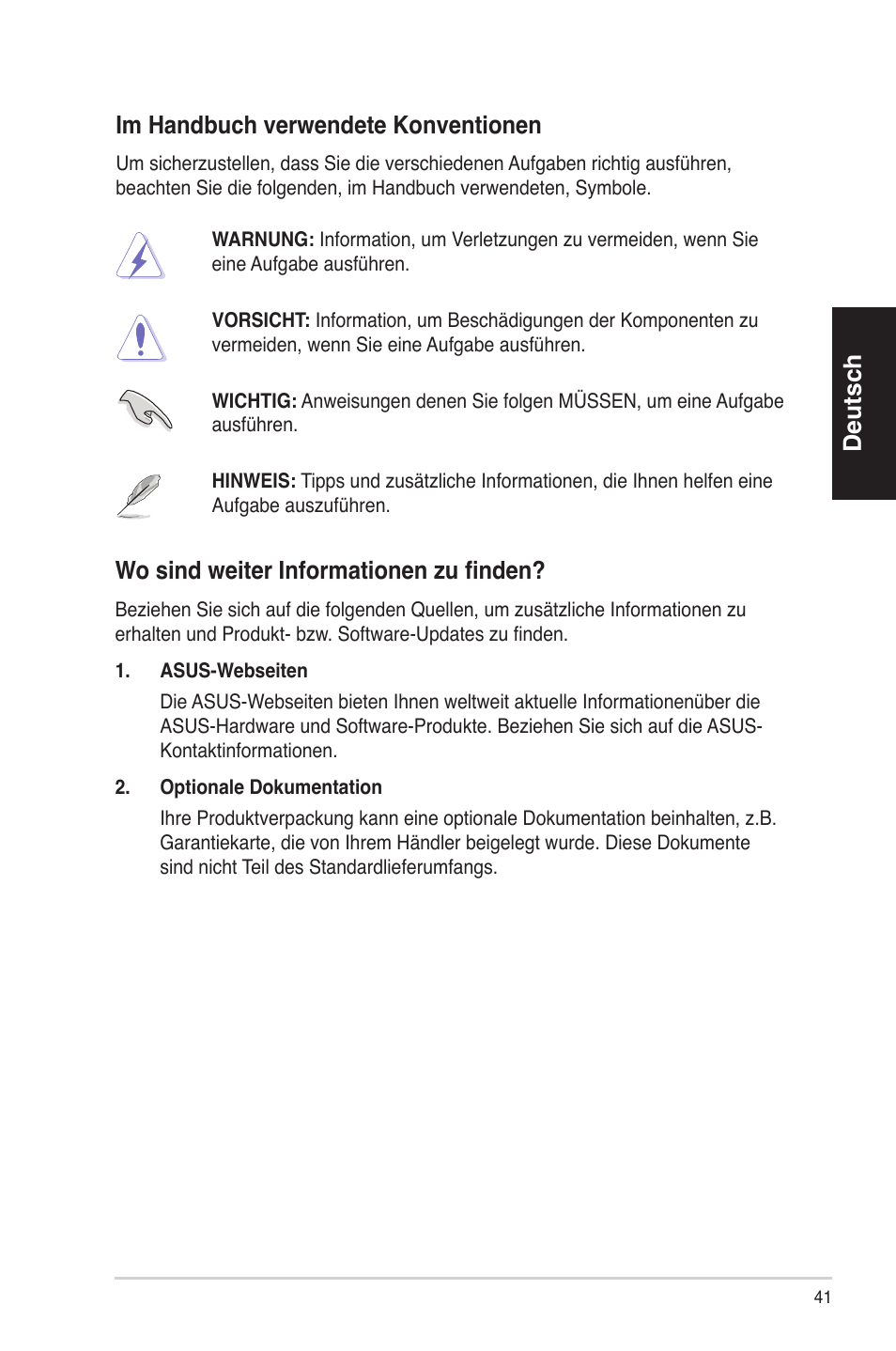 Deutsch, Imhandbuchverwendetekonventionen, Wo sind weiter informationen zu finden | Asus ES5100 User Manual | Page 41 / 161