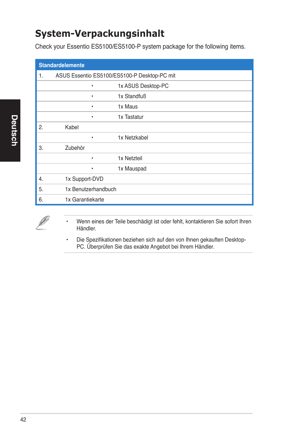 System-verpackungsinhalt, Deutsch | Asus ES5100 User Manual | Page 42 / 161