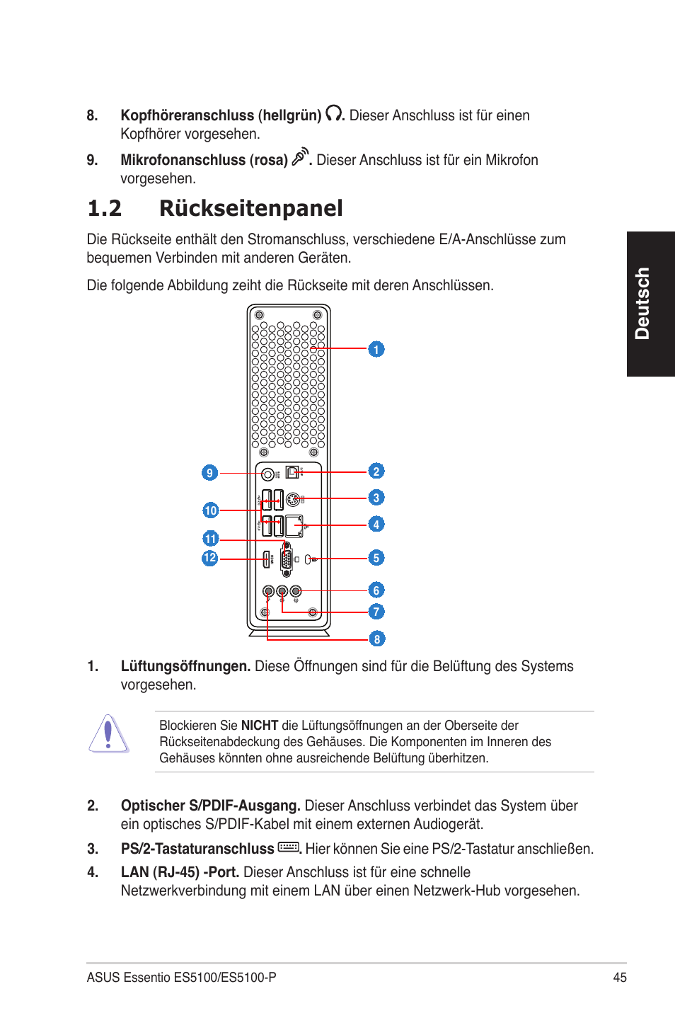 2 rückseitenpanel, Deutsch | Asus ES5100 User Manual | Page 45 / 161