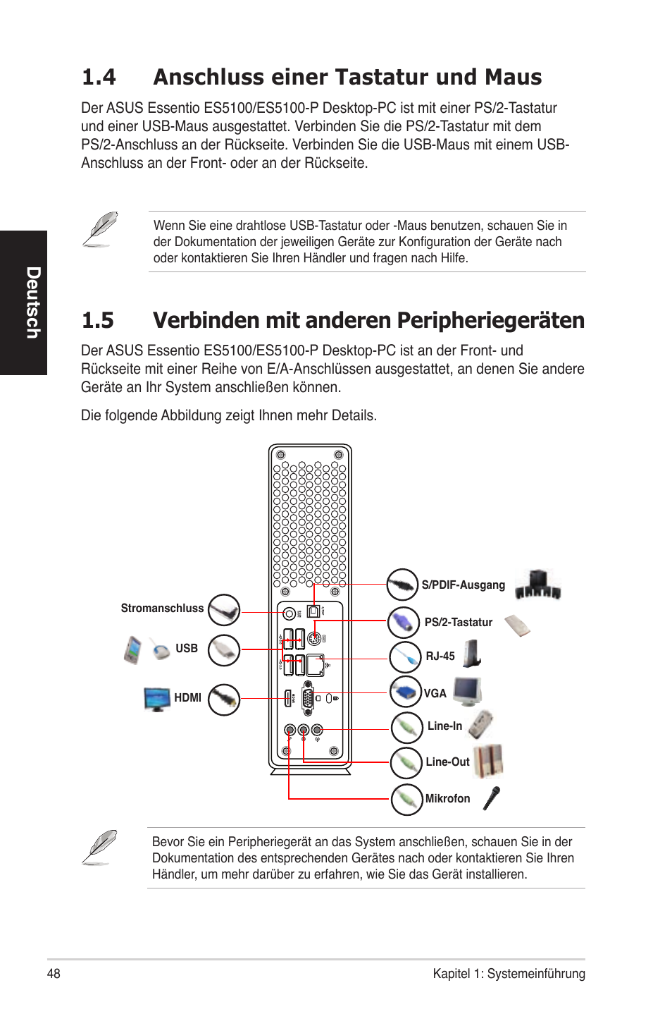 4 anschluss einer tastatur und maus, 5 verbinden mit anderen peripheriegeräten, Deutsch | Asus ES5100 User Manual | Page 48 / 161