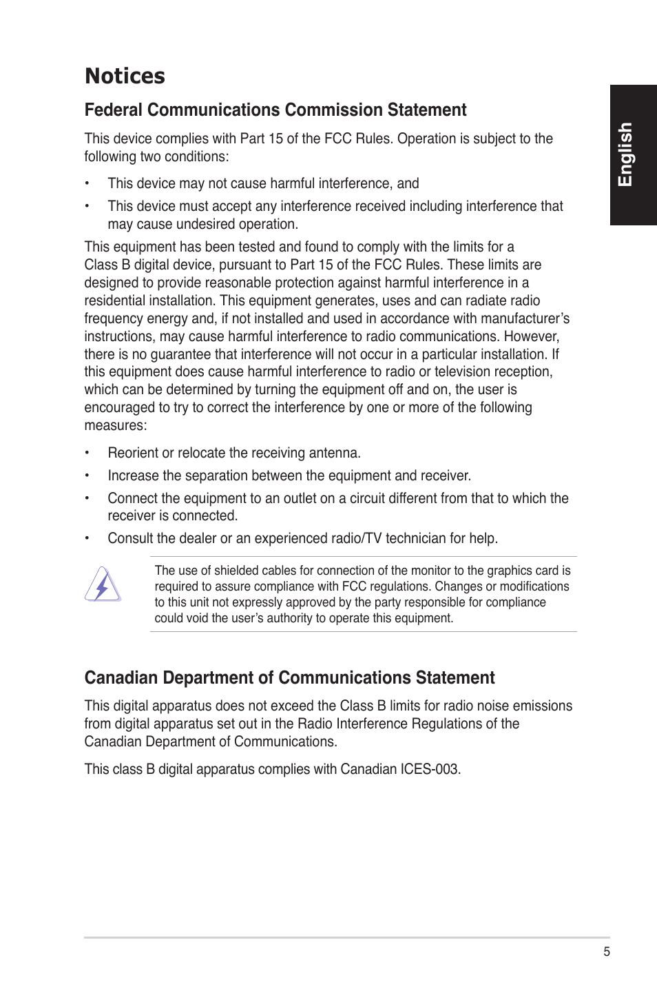 Notices, English, Federalcommunicationscommissionstatement | Canadiandepartmentofcommunicationsstatement | Asus ES5100 User Manual | Page 5 / 161