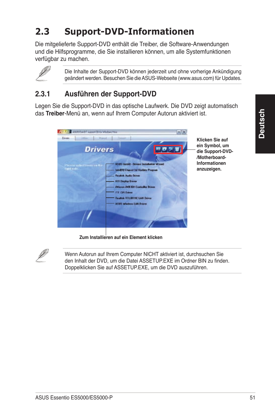 3 support-dvd-informationen, Deutsch, 2�3�1 ausführendersupport-dvd | Asus ES5100 User Manual | Page 51 / 161