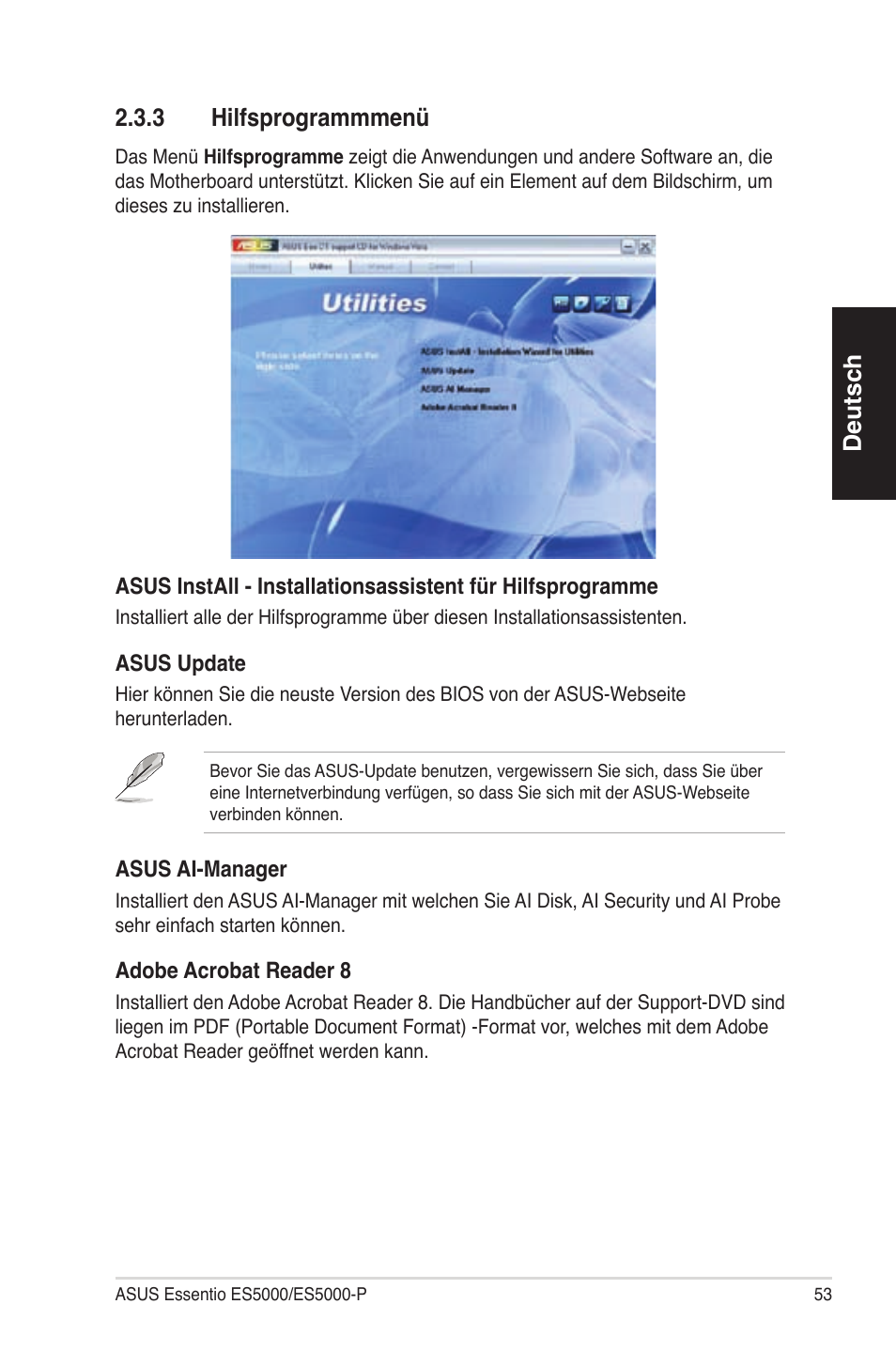 Deutsch 2�3�3 hilfsprogrammmenü | Asus ES5100 User Manual | Page 53 / 161