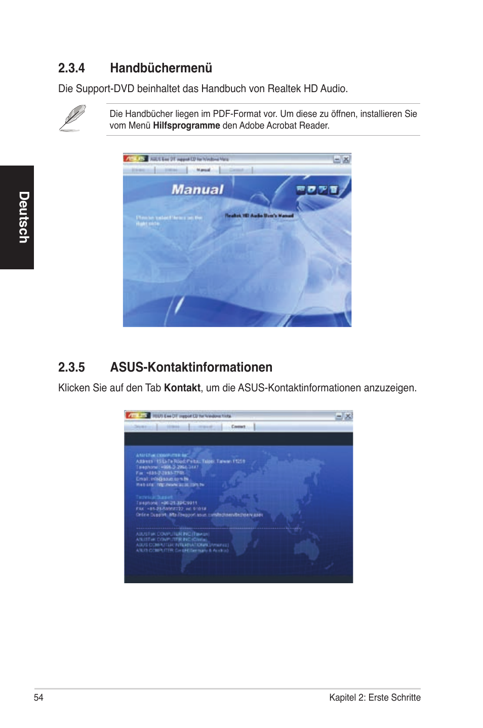 Deutsch 2�3�4 handbüchermenü, 2�3�5 asus-kontaktinformationen | Asus ES5100 User Manual | Page 54 / 161