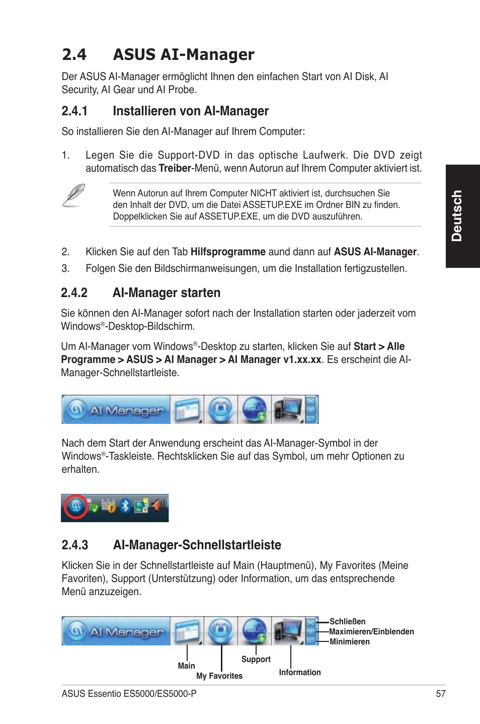 4 asus ai-manager, Deutsch, 2�4�1 installierenvonai-manager | 2�4�2 ai-managerstarten, 2�4�3 ai-manager-schnellstartleiste | Asus ES5100 User Manual | Page 57 / 161