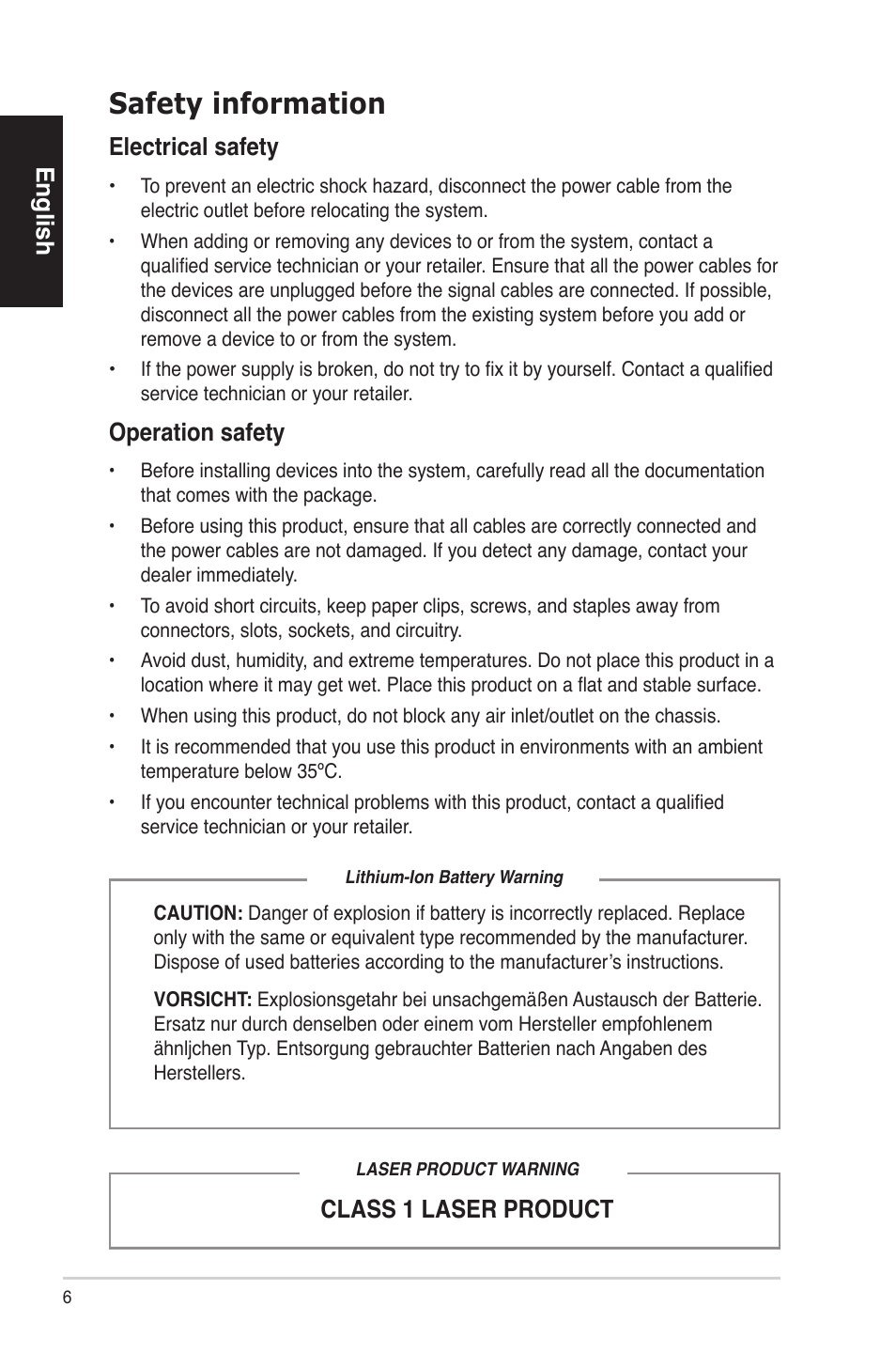 Safety information, English, Electricalsafety | Operationsafety, Class1laserproduct | Asus ES5100 User Manual | Page 6 / 161