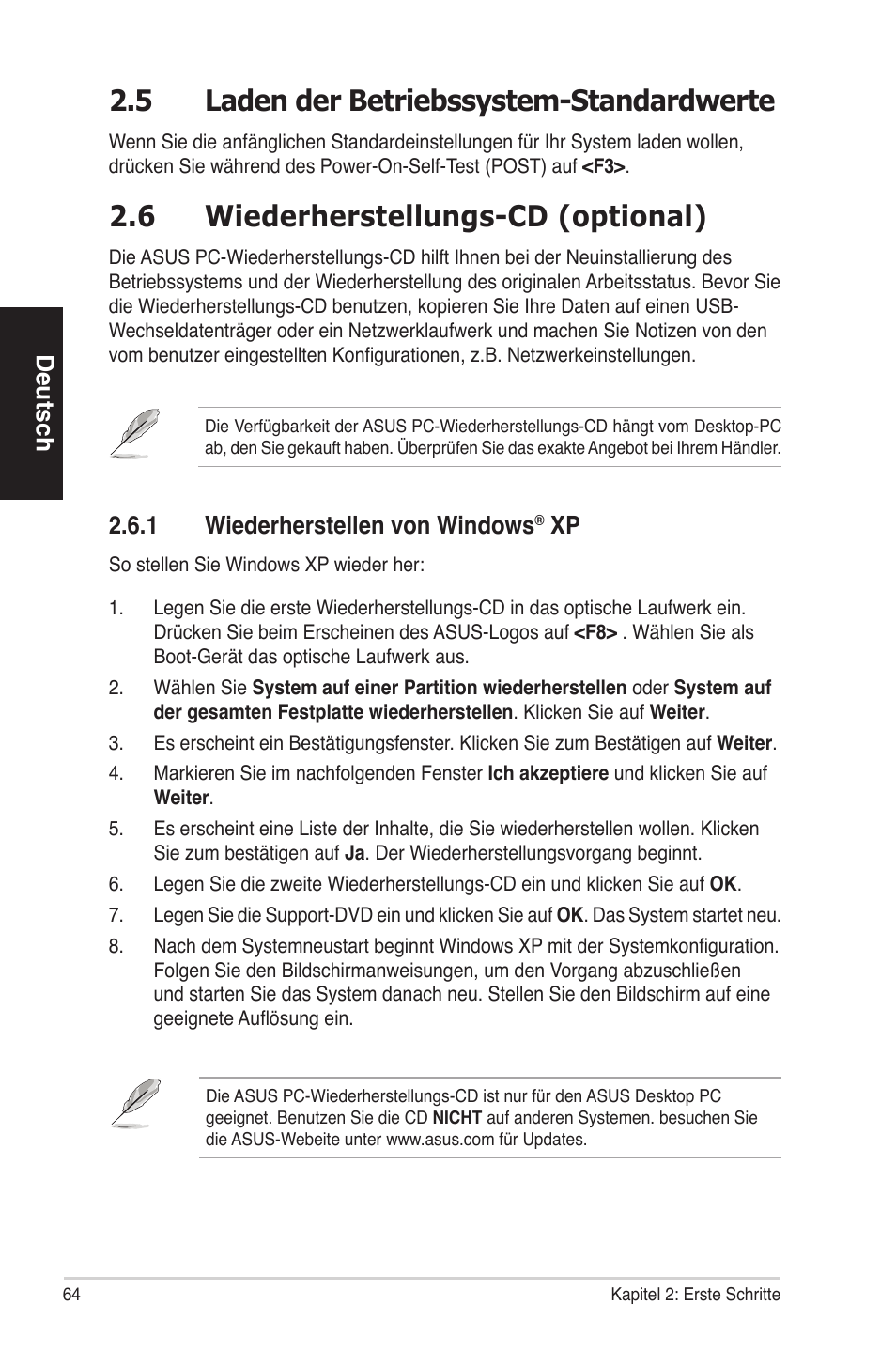 6 wiederherstellungs-cd (optional), 5 laden der betriebssystem-standardwerte, Deutsch | 2�6�1 wiederherstellenvonwindows | Asus ES5100 User Manual | Page 64 / 161