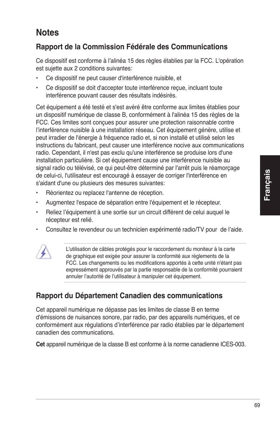 Français, Rapportdudépartementcanadiendescommunications | Asus ES5100 User Manual | Page 69 / 161