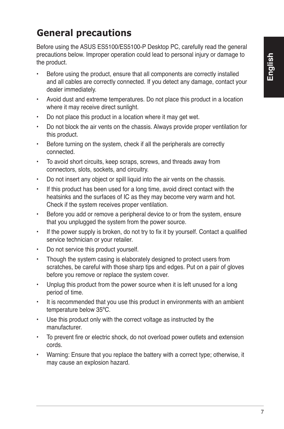 General precautions, English | Asus ES5100 User Manual | Page 7 / 161